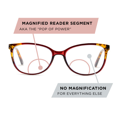 Karleen Pop of Power™ Bifocal Style Blue Light Readers - Blue Light Reader - Bifocal - Red/Tortoise - Variant Link